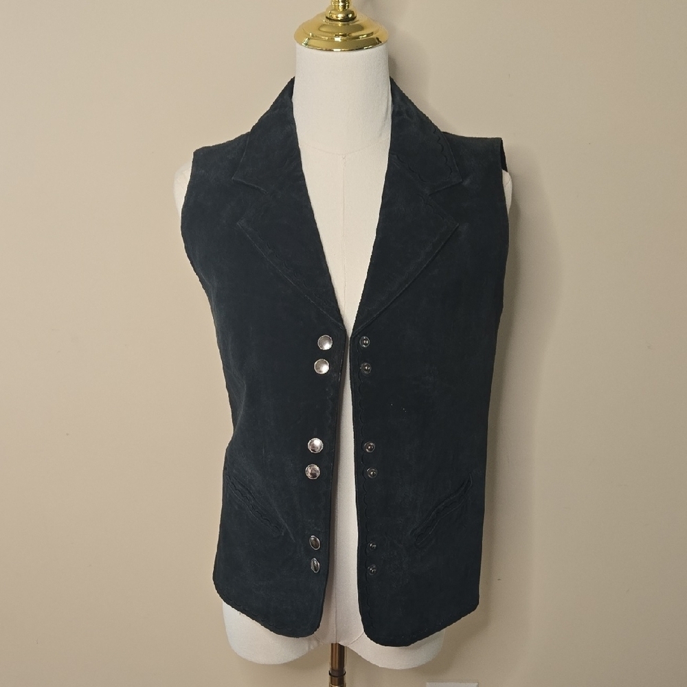 Vintage Willi Smith Black Suede Vest w Scallop Trim Western Biker Boho Cowgirl S